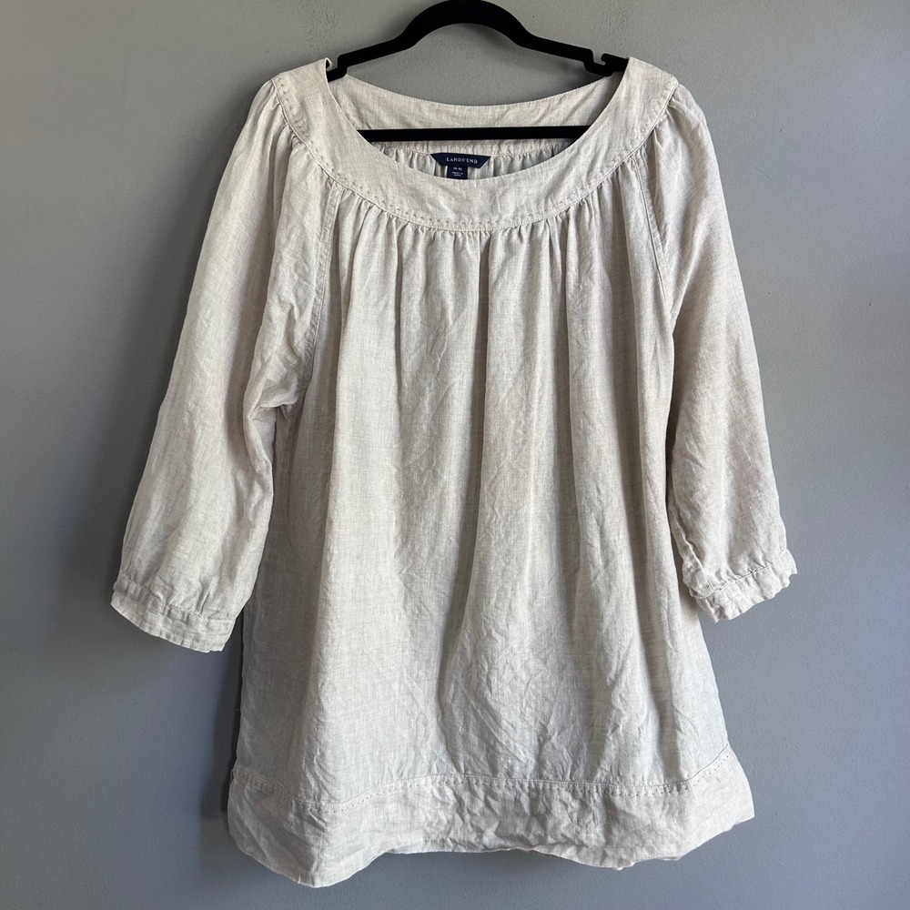 Lands End Womens Linen Peasant Blouse Oatmeal Beige 3/4 Sleeve Size L 14-16